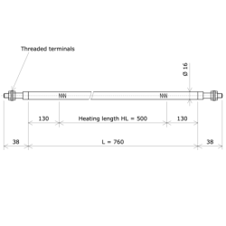 Standard straight tubular heating elements Ø16 x 760 Vulcanic Draw