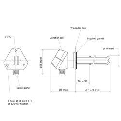 Vulcaloy immersion heater on triangular flange Vulcanic DrawA370NC95