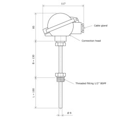 Pt100 probe with head and interchangeable element 3111704 Vulcanic Draw