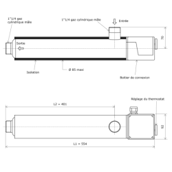 Réchauffeur d'eau en circulation calorifugé Longueur 554 plan