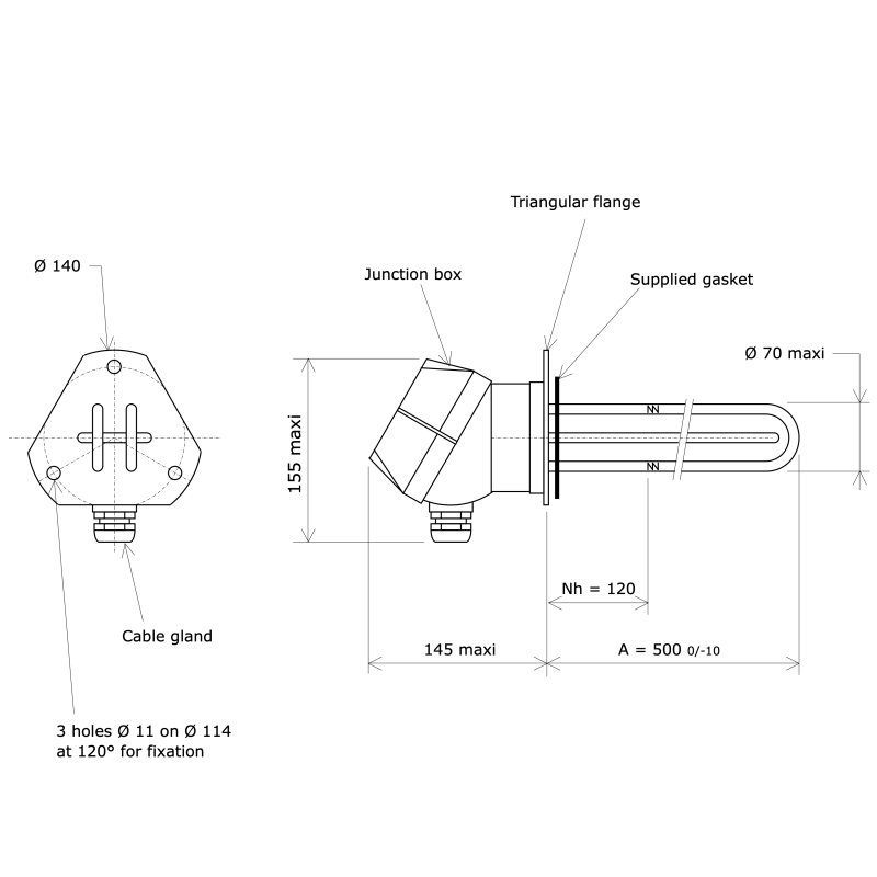 Triangular Heaters Immersion heater on triangular flange - 9 kW - 400 V 3P - Specific load ...