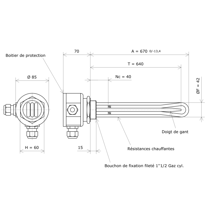 Thermoplongeur Tubulaire 1 1/2″ BSP DN40 – 304 Inox, 220V 3KW 190mm, Eau/Huile