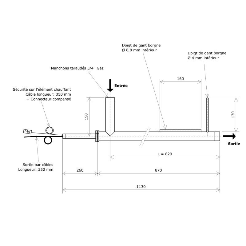 Réchauffeur de fluide faible débit DN25 sans boitier Vulcanic PlanL820D245