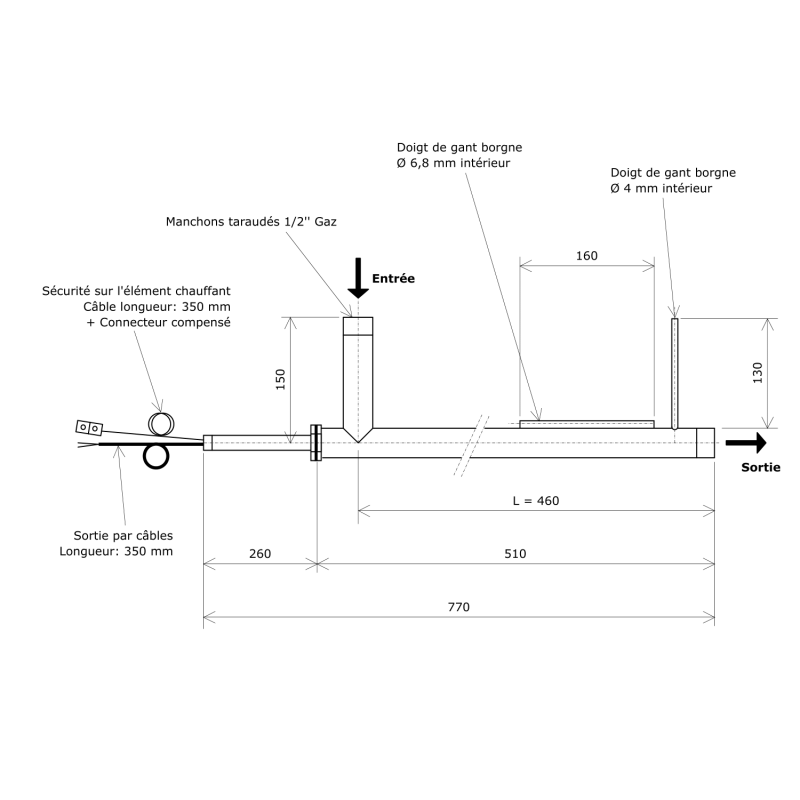 Réchauffeur de fluide faible débit DN20 sans boitier Vulcanic PlanL460D245