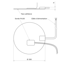 Tissu chauffant silicone circulaire Ø 200 Face adhésive Pt100 Vulcanic Plan