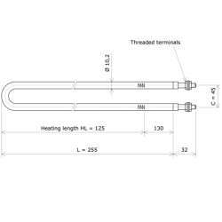 Résistance chauffante blindée formée en épingle Ø10,2 x 255 Vulcanic PlanLc125C45