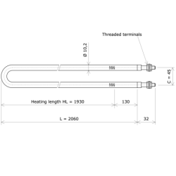 U-shaped tubular heating Ø10,2 x 2060 Vulcanic DrawLc1930C45