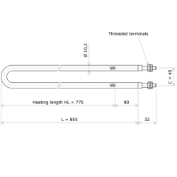 U-shaped tubular heating Ø10,2 x 855 Vulcanic DrawLc775C45