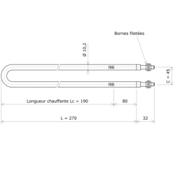 Résistance chauffante blindée formée en épingle Ø10,2 x 270 Vulcanic PlanLc190C45