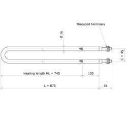 U-shaped tubular heating Ø16 x 875 Vulcanic DrawLc745C45