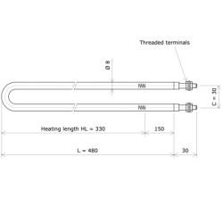 Résistance chauffante blindée formée en épingle Ø8 x 480 Vulcanic PlanLc330C30