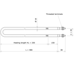 Résistance chauffante blindée formée en épingle Ø16 x 480 Vulcanic PlanLc330C45