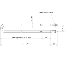 Résistance chauffante blindée formée en épingle Ø10,2 x 670 Vulcanic PlanLc520C29