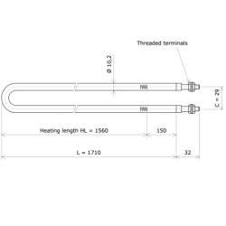 U-shaped tubular heating Ø10,2 x 1710 Vulcanic DrawLc1560C29