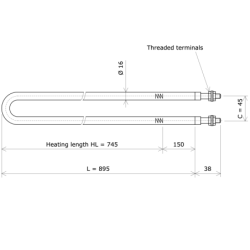 Résistance chauffante blindée formée en épingle Ø16 x 895 Vulcanic PlanLc745C45