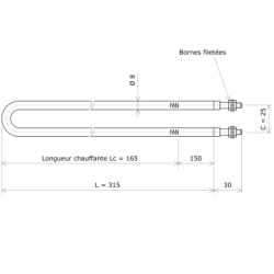 Résistance chauffante blindée formée en épingle Ø8 x 315 Vulcanic PlanLc165C25