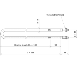 U-shaped tubular heating Ø16 x 235 Vulcanic DrawLc185C65