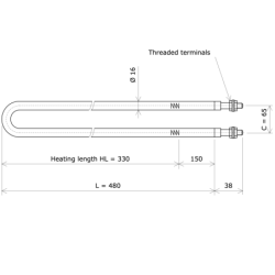 Résistance chauffante blindée formée en épingle Ø16 x 480 Vulcanic PlanLc330C65