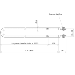 Résistance chauffante blindée formée en épingle Ø8 x 2805 Vulcanic PlanLc2655C30