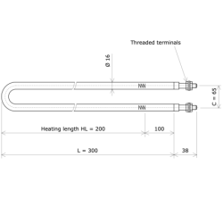 U-shaped tubular heating Ø16 x 300 Vulcanic DrawLc200C65