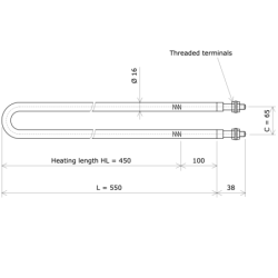 Résistance chauffante blindée formée en épingle Ø16 x 550 Vulcanic PlanLc450C65