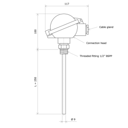 Pt100 probe with head and interchangeable element 3111703 Vulcanic Draw