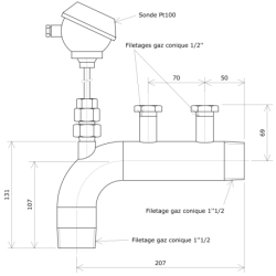 Manchette DN50 avec sonde Pt100 directe pour réchauffeur Vulcanic Plan