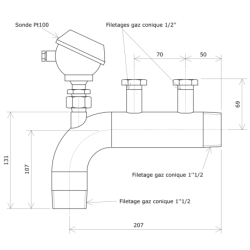 Manchette DN50 avec sonde Pt100 déportée pour réchauffeur Vulcanic Plan