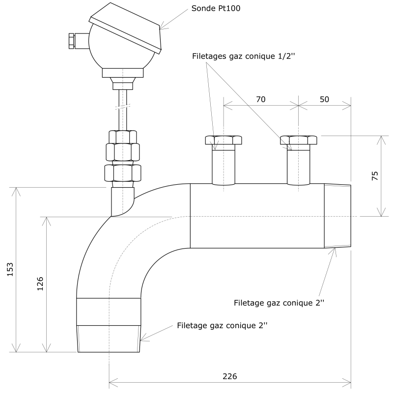 Manchette DN80 avec sonde Pt100 déportée pour réchauffeur Vulcanic Plan