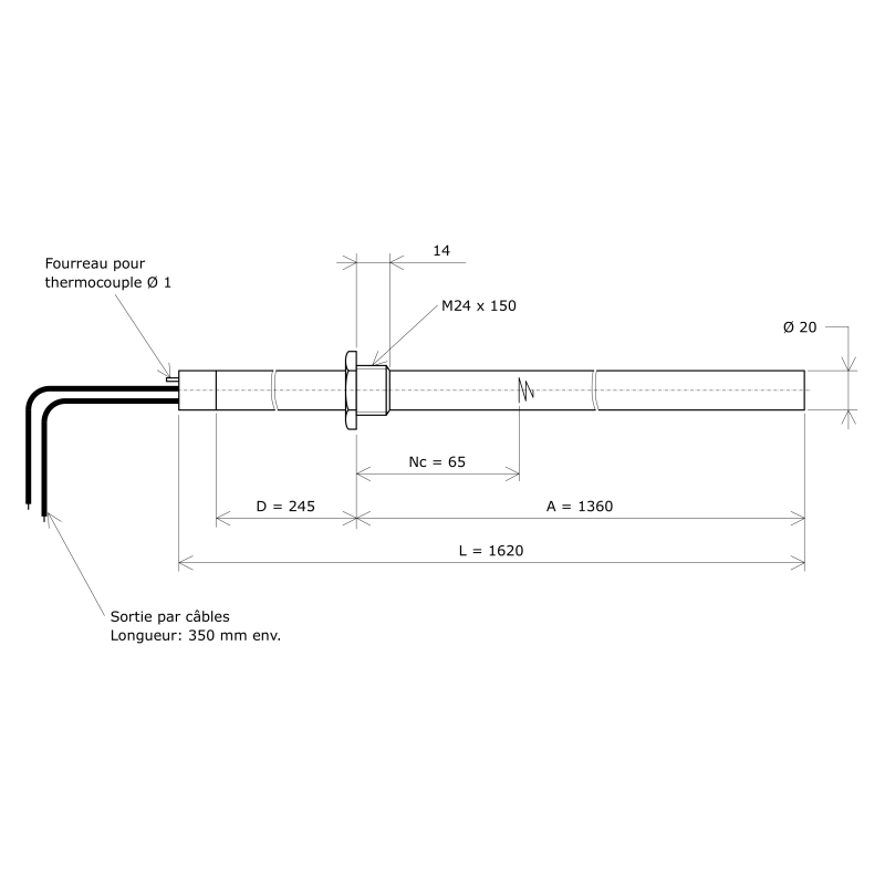 Résistance monotubulaire pour réchauffeur faible débit Vulcanic PlanDia20A1360D245