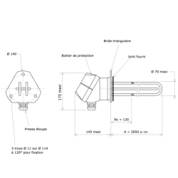 Thermoplongeur sur bride triangulaire Vulcaloy Vulcanic PlanA2050NC120