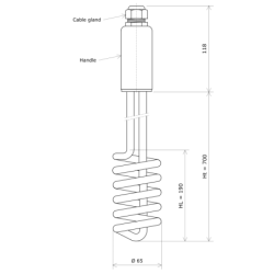 Seathed vertically coiled removable immersion heater Vulcanic DrawHt700Lc190