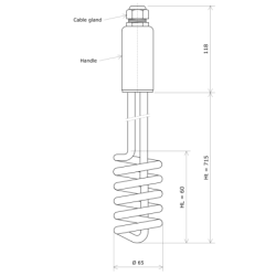 Seathed vertically coiled removable immersion heater Vulcanic DrawHt715Lc60