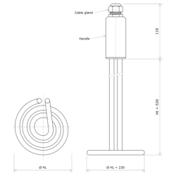 Seathed horizontally coiled removable immersion heater Vulcanic DrawHt520Lc230