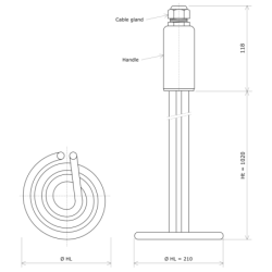 Seathed horizontally coiled removable immersion heater Vulcanic DrawHt1020Lc210