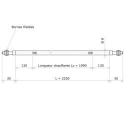 Résistance chauffante blindée rectiligne Ø8 x 2250 Vulcanic Plan