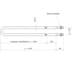 Résistance chauffante blindée formée en épingle Ø16 x 1475 Vulcanic PlanLc1325C65