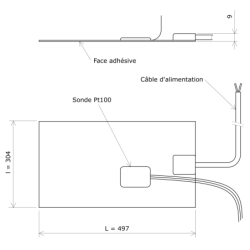 Tissu chauffant silicone rectangulaire 304x497 Face adhésive Pt100 Vulcanic Plan
