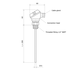 Rigid Pt100 probe with head 3104210 Vulcanic Draw