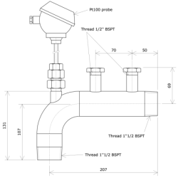 Outlet elbow DN50 with Pt100 Without offset for flow heater Vulcanic Draw