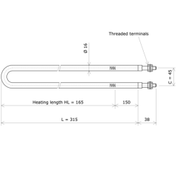 U-shaped tubular heating Ø16 x 315 Vulcanic DrawLc165C45