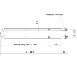 U-shaped tubular heating Ø8 x 2140 Vulcanic DrawLc1990C25