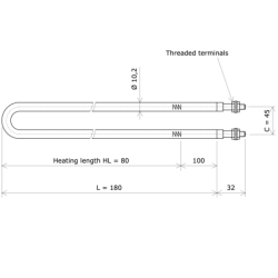 U-shaped tubular heating Ø10,2 x 180 Vulcanic DrawLc80C45