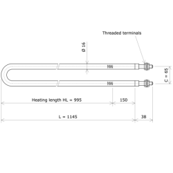 U-shaped tubular heating Ø16 x 1145 Vulcanic DrawLc995C65