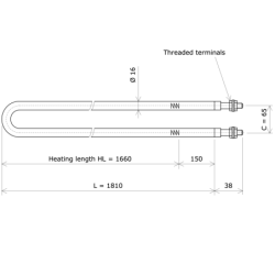 U-shaped tubular heating Ø16 x 1810 Vulcanic DrawLc1660C65