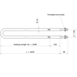 Résistance chauffante blindée formée en épingle Ø16 x 2640 Vulcanic PlanLc2490C65